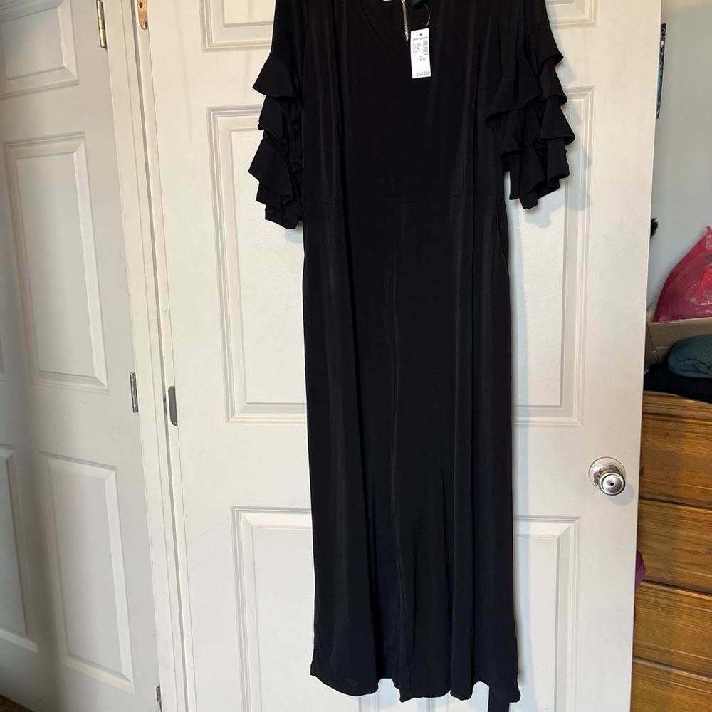 dressbarn Formal Black Ruffle Sleeve Dress with Front Tie & Zipper Close NWT